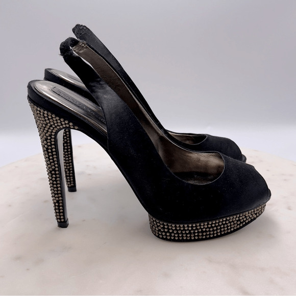 BCBG Max Azria Size 8.5 M Falcon Black Satin Rhinestones Heels Peep Toe Shoes - Picture 1 of 13